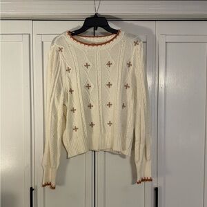 a.n.a Cream Cable Knit Sweater with Rust Accent